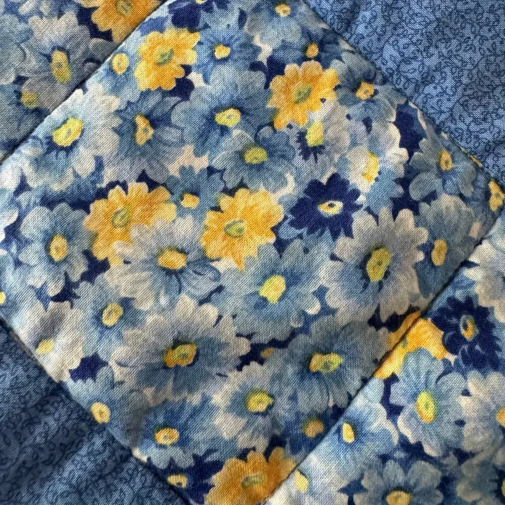 Handmade Quilted Patchwork Square Table Runner Blue Yellow Floral 12x46 Cottage
